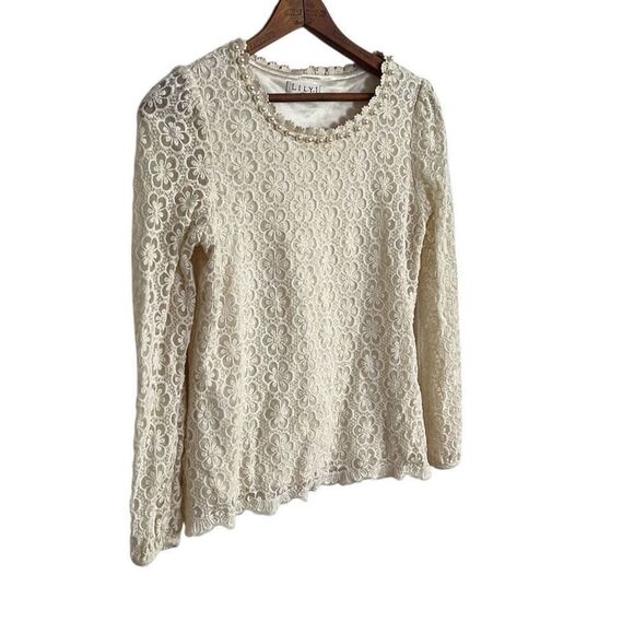 Lily J London Floral Lace Overlay Pullover Long Sleeve Blouse Cream Size Small - Picture 2 of 6
